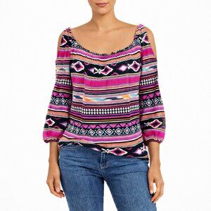 6 Degrees Hot Pink Multi Aztec Print Peekaboo 3/4 Sleeve Top Spring Summer